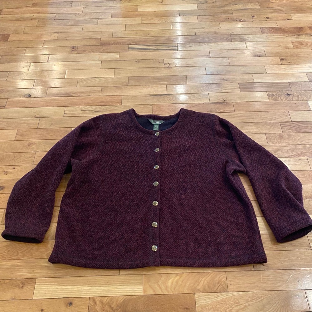LL Bean Womens XL Burgundy Marl Button Front Fleece Cardigan Jacket